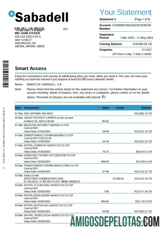 Extrato bancário da Espanha Sabadell para impressão, modelo Word e PDF de 3 meses, 9 páginas